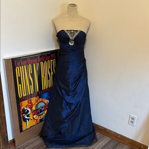 Jump Apparel | Navy Blue Satin Beaded Maxi Gown | Size 5/6